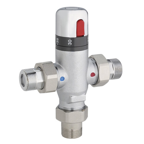 Thermostatic mixer for domestic hot water with stop buttom and pipe union connection