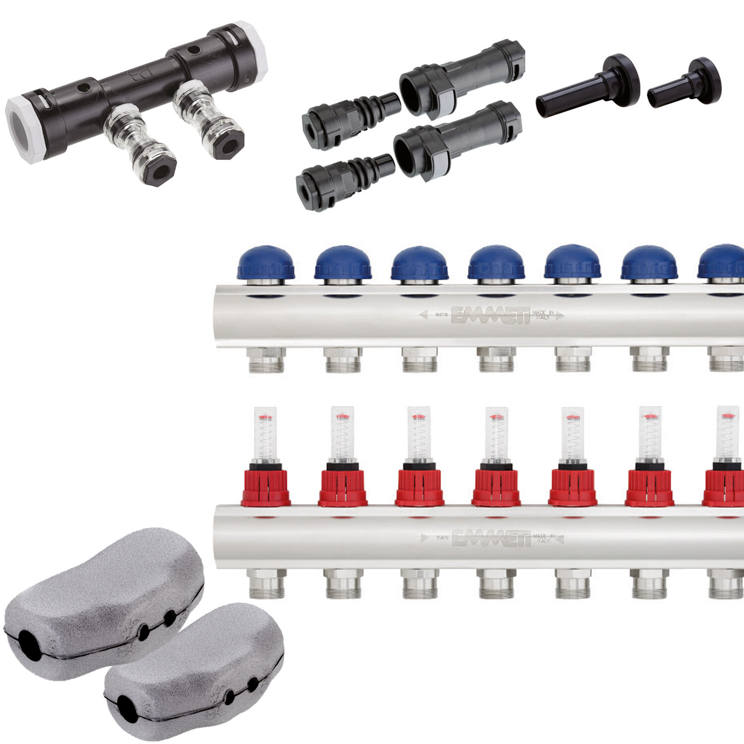 Fittings, distributors and manifolds